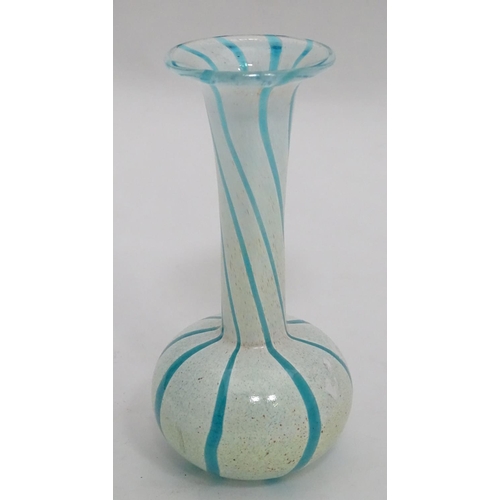 329 - Glass : Mdina vase , an art glass bellied vase with long neck and slight spiral blue and white glass... 