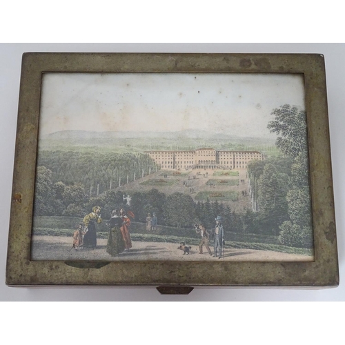 349 - A cigarette box with inset polychrome print of a landscape