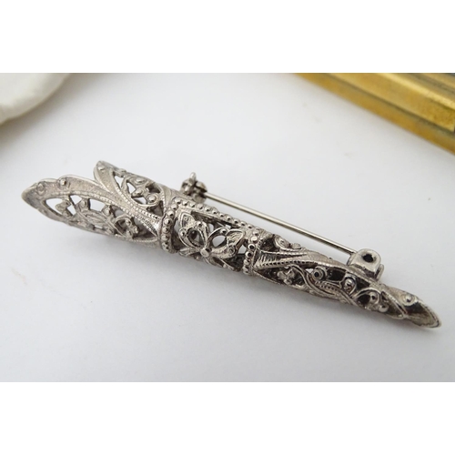 358 - Assorted items to include silver hairpins, brooches, white gloves, a French comport etc.