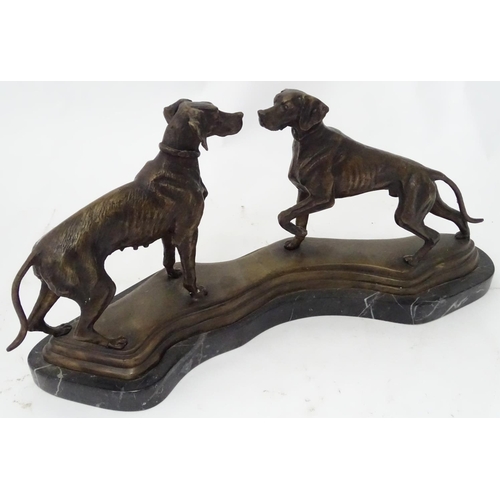 37 - A pair of bronze pointer dogs on a marble base