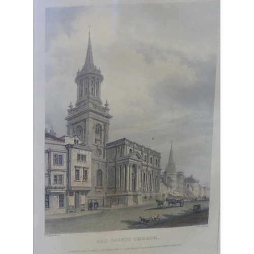 393 - An assortment of pictures to include a polychrome etching of All Saints Church, another of Worcester... 