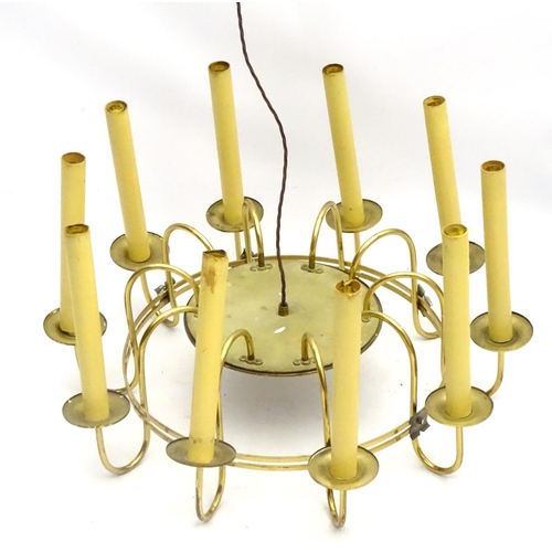 436 - Vintage Retro : a circa 1975 brass 10 light pendant chandelier / electroliere , 30'' in diameter.