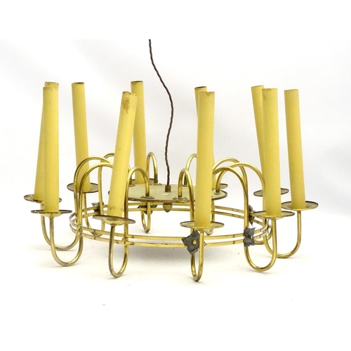 436 - Vintage Retro : a circa 1975 brass 10 light pendant chandelier / electroliere , 30'' in diameter.