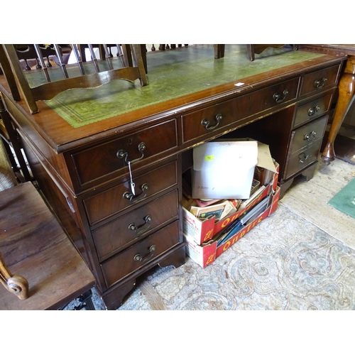 441 - A late 20thC green leather inlaid pedestal/partners desk, 60'' wide