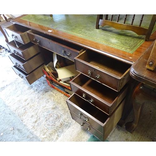 441 - A late 20thC green leather inlaid pedestal/partners desk, 60'' wide