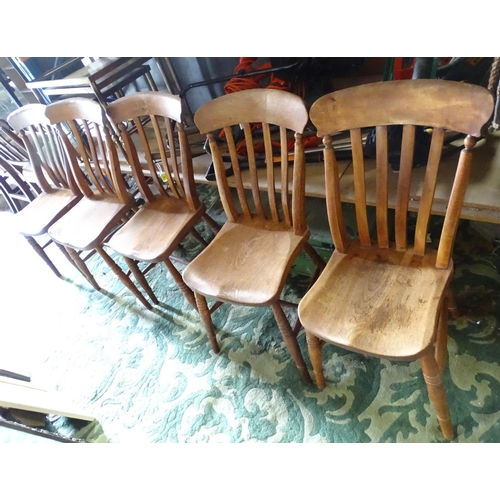 495 - Five elm 19thC lathe back chairs