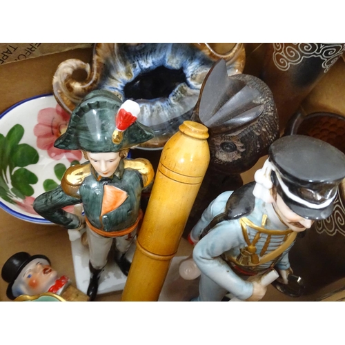 540 - Assorted items to include, ceramics, glass, carved wooden figurines, etc.