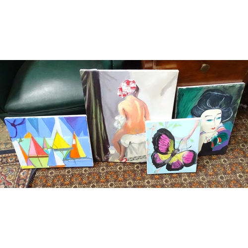 56 - Four modern acrylic on canvas paintings, subjects to include a nude, an Oriental lady, sail boats an... 