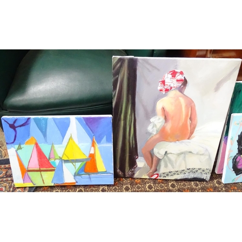 56 - Four modern acrylic on canvas paintings, subjects to include a nude, an Oriental lady, sail boats an... 