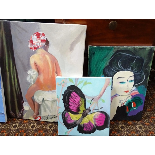 56 - Four modern acrylic on canvas paintings, subjects to include a nude, an Oriental lady, sail boats an... 