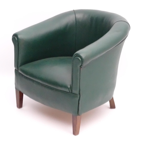 57 - A mid 20thC green tub chair standing on squared tapering legs. 28'' wide x 25'' deep.