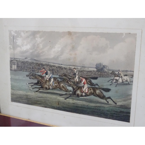 573 - Steeple chase : 8 Hand coloured lithographs, A set of 8 Victorian Steeple chase pictures mounted as ... 