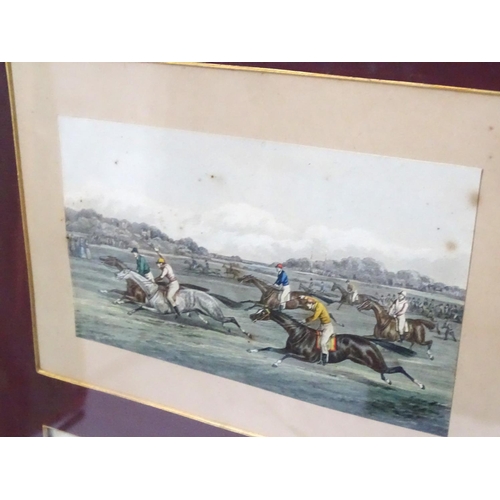 573 - Steeple chase : 8 Hand coloured lithographs, A set of 8 Victorian Steeple chase pictures mounted as ... 