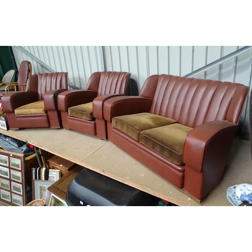 577 - A 1950s Art Deco club 3 piece suite comprising, 3 seater sofa and 2 armchairs