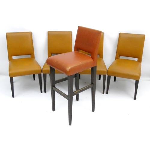 587 - Vintage Retro : A set of 4 light tan stitched leather upholstered cafe chairs together with a high /... 