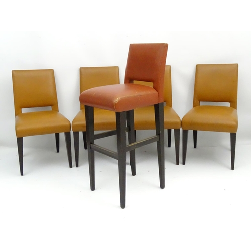 587 - Vintage Retro : A set of 4 light tan stitched leather upholstered cafe chairs together with a high /... 