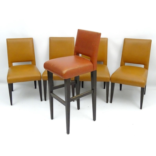 587 - Vintage Retro : A set of 4 light tan stitched leather upholstered cafe chairs together with a high /... 