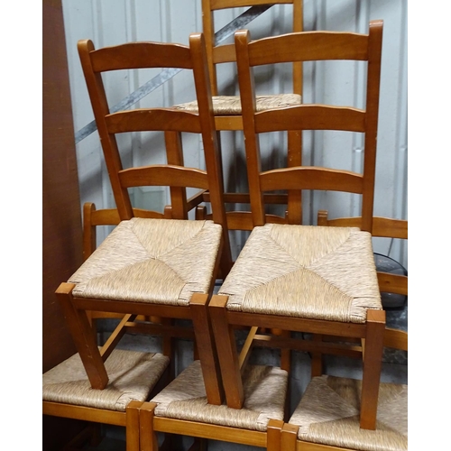 75 - 6 ladder back, rush seated modern dining chairs.