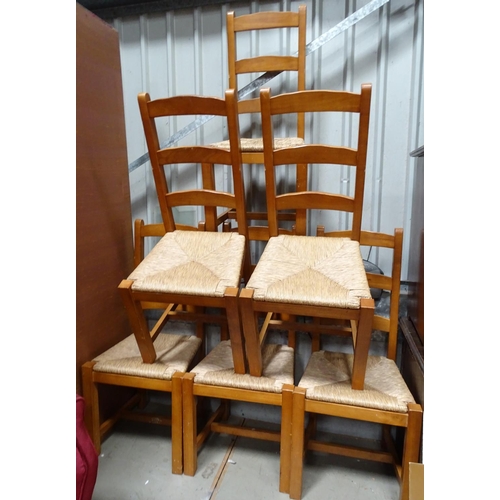 75 - 6 ladder back, rush seated modern dining chairs.