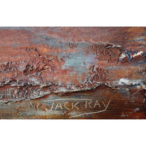 87 - An oil and wax textured landscape painting of a lake with boats, signed Jack Ray