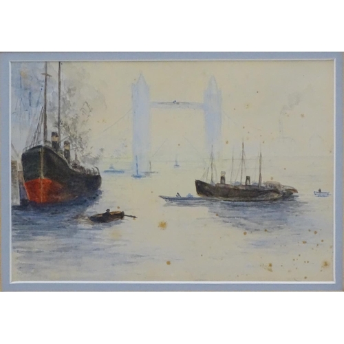 89 - Early XX English School, Watercolour, Steam boats near Tower Bridge, River Thames, 4 3/4 x 7''