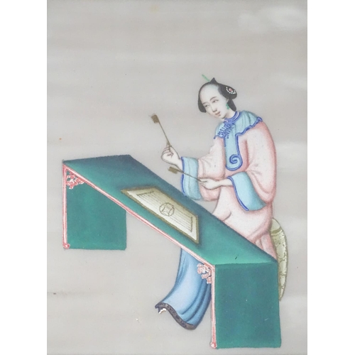 90 - Circa 1920, Chinese School, Watercolour on rice paper, A musician playing the trapezoidal Yangqin (h... 