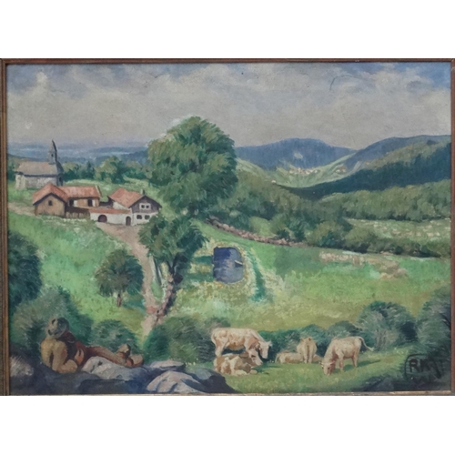 92 - RKW Tyrolean Early XX, Oil on canvas, Walker resting on rocks looking over a Tyrolean landscape with... 