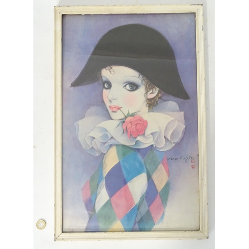 99 - After Mira Fujita, early to mid XX Japanese,  Colour lithograph,  Sideways facing Harlequin,  Signed... 