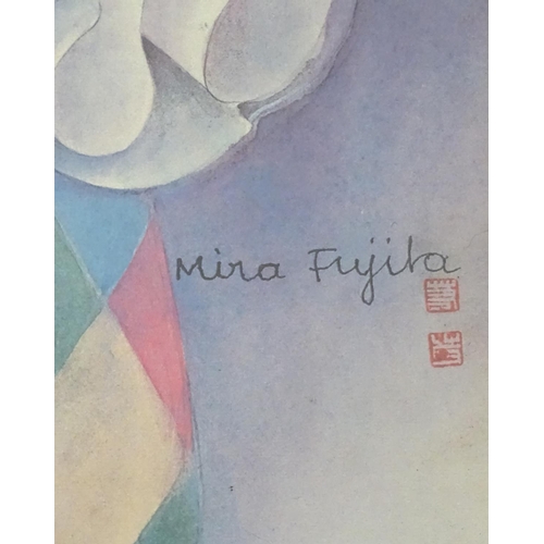 99 - After Mira Fujita, early to mid XX Japanese,  Colour lithograph,  Sideways facing Harlequin,  Signed... 