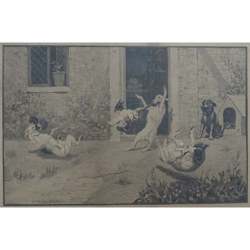 551 - After Stanley Berkley ( 1855-1909), Pair of monochrome dog engravings, Tug-o-war over an eviscerated... 