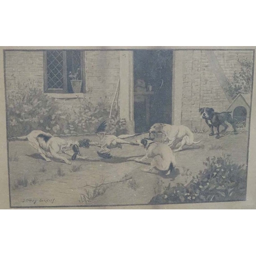 551 - After Stanley Berkley ( 1855-1909), Pair of monochrome dog engravings, Tug-o-war over an eviscerated... 