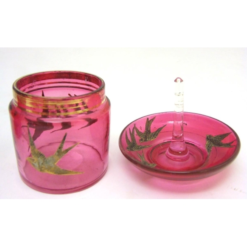 129 - Glass : a 5 piece c. 1910 Cranberry glass dressing table set with gilded swallow decoration , compri... 