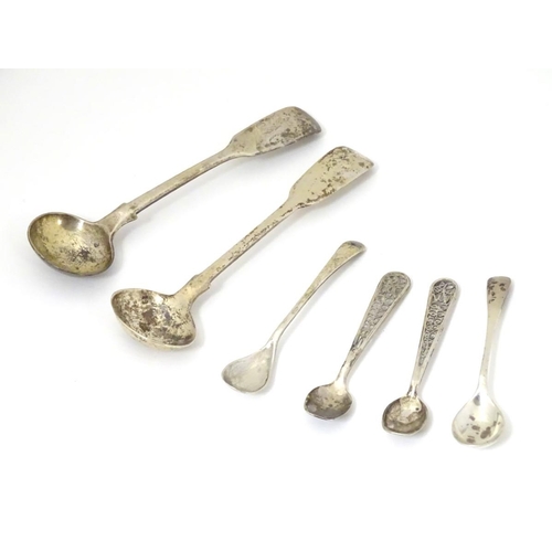 143 - Assorted salt / mustard spoons to include two fiddle pattern salt spoons hallmarked London  1841 mak... 