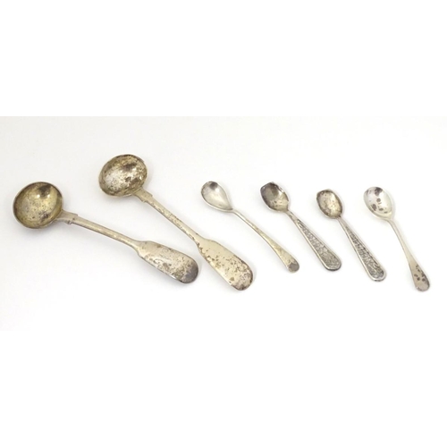 143 - Assorted salt / mustard spoons to include two fiddle pattern salt spoons hallmarked London  1841 mak... 