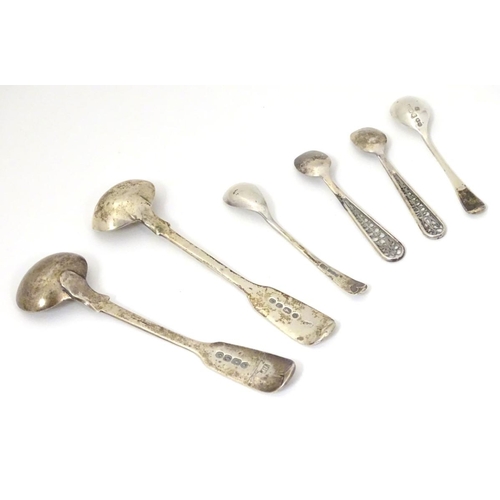 143 - Assorted salt / mustard spoons to include two fiddle pattern salt spoons hallmarked London  1841 mak... 