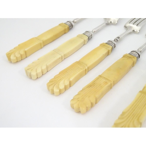 177 - 4 + 4 silver fruit knives and forks with ivory handles hallmarked 1818 maker JL. Approx  7 3/4''