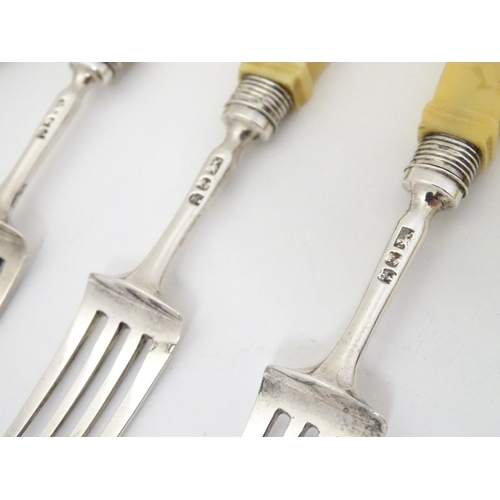 177 - 4 + 4 silver fruit knives and forks with ivory handles hallmarked 1818 maker JL. Approx  7 3/4''