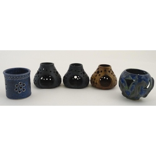 89 - Scandinavian Pottery: A set of three c1970s Asbo Keramik, Sweden tea light holders in brown , blue a... 