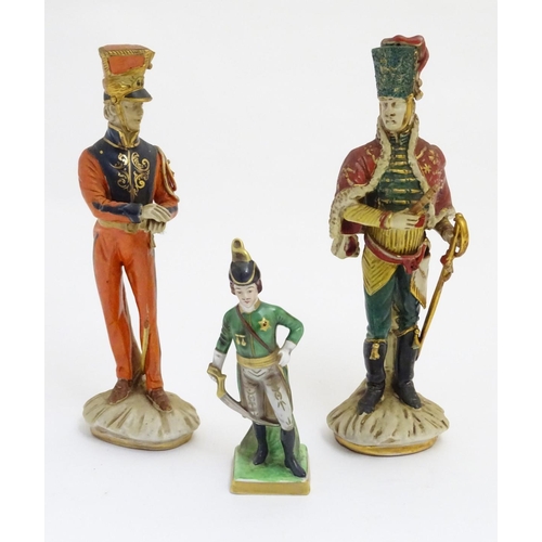 90 - A group of three ceramic military figures made in Italy, possibly by Royal Factory, Naples. Gilt wri... 