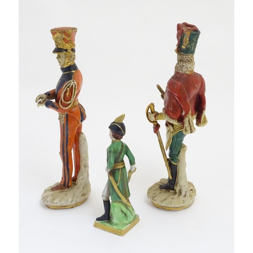 90 - A group of three ceramic military figures made in Italy, possibly by Royal Factory, Naples. Gilt wri... 