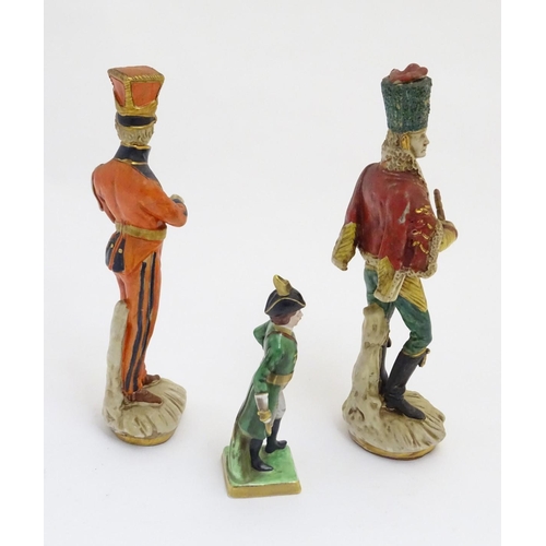 90 - A group of three ceramic military figures made in Italy, possibly by Royal Factory, Naples. Gilt wri... 