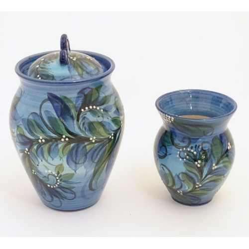 97 - Two items of Welsh Gwili studio pottery by Pru Green, to include a hand painted lidded pot and match... 