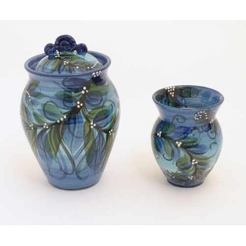 97 - Two items of Welsh Gwili studio pottery by Pru Green, to include a hand painted lidded pot and match... 