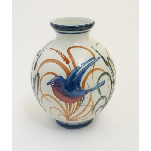 99 - A Laurence McGowan British studio pottery globular vase decorated with hand painted birds in flight ... 