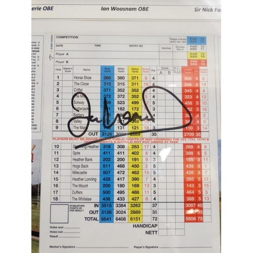 105 - Golf: Three signed Siloth Golf Club score cards, autographed by Sir Nick Faldo, Ian Woosnam OBE and ... 