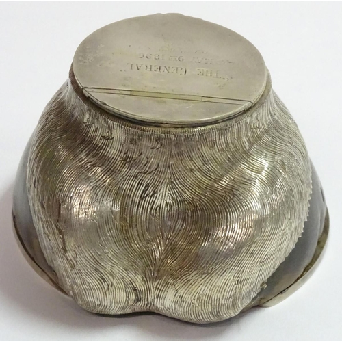 74 - Taxidermy:  a '1896' silver plate mounted Hunter horse's hoof desk top inkwell marked 'The General M... 