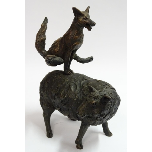 79 - Suzie Marsh, 2005, Copper and Bronze resin sculpture, 'Leapfrogging Fox' a fox leapfrogs a standing ... 