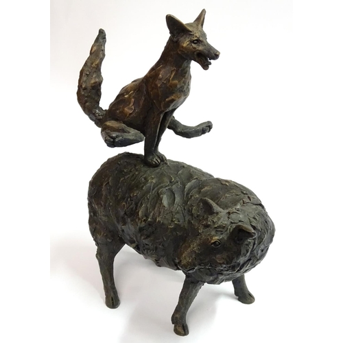 79 - Suzie Marsh, 2005, Copper and Bronze resin sculpture, 'Leapfrogging Fox' a fox leapfrogs a standing ... 