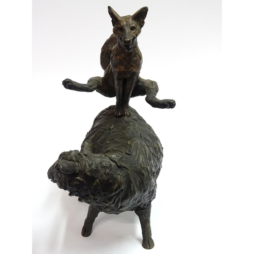 79 - Suzie Marsh, 2005, Copper and Bronze resin sculpture, 'Leapfrogging Fox' a fox leapfrogs a standing ... 