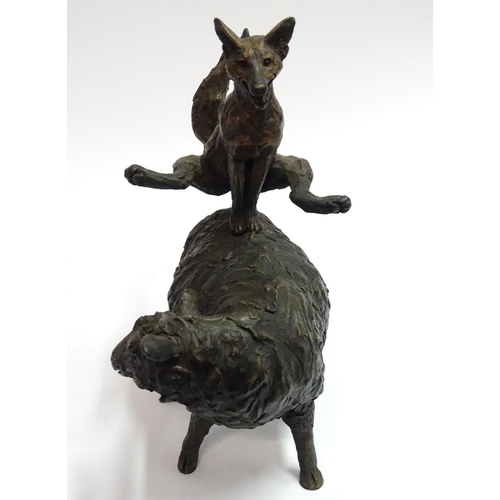 79 - Suzie Marsh, 2005, Copper and Bronze resin sculpture, 'Leapfrogging Fox' a fox leapfrogs a standing ... 